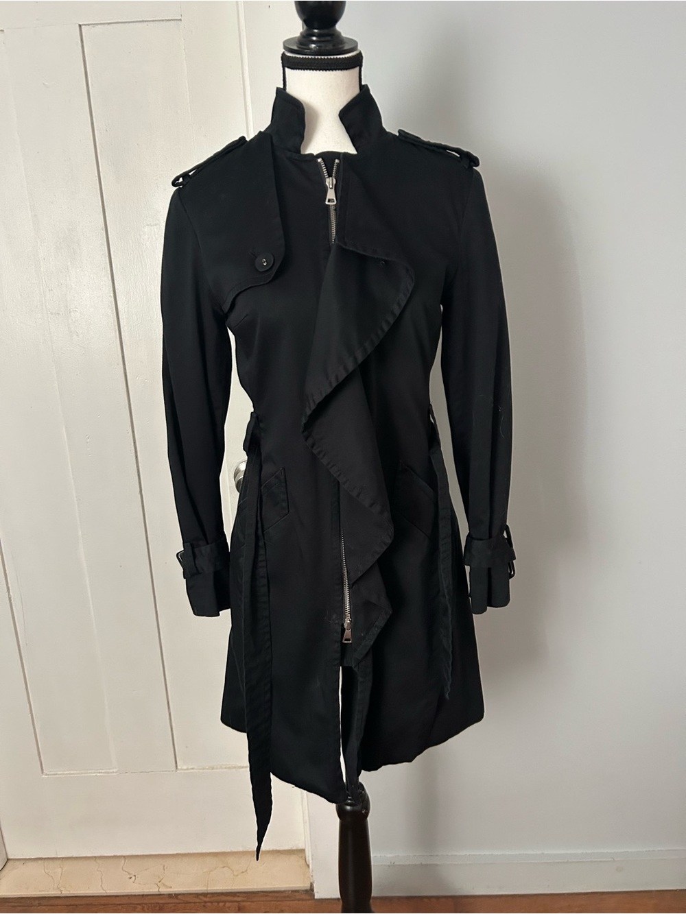 Elle Black Trench Coat with Waist Tie and Zip Front - Picture 2 of 10